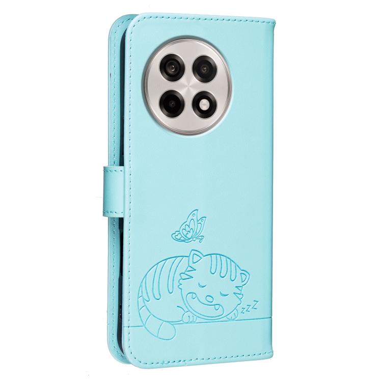 For OnePlus Ace 5 Cat Butterfly Embossed RFID Vegan Leather Phone Case with Strap