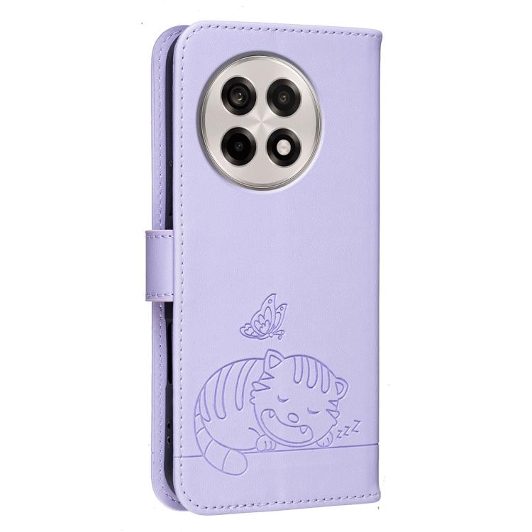 For OnePlus Ace 5 Cat Butterfly Embossed RFID Vegan Leather Phone Case with Strap
