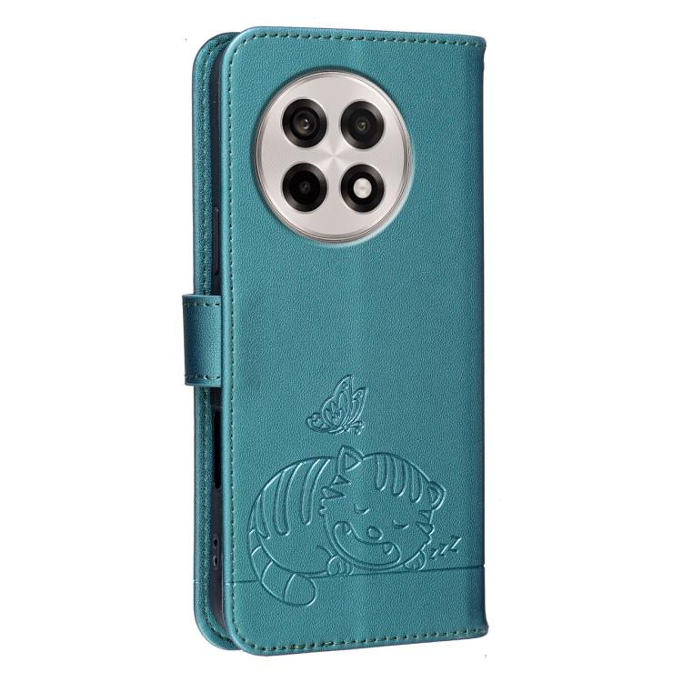 For OnePlus Ace 5 Cat Butterfly Embossed RFID Vegan Leather Phone Case with Strap
