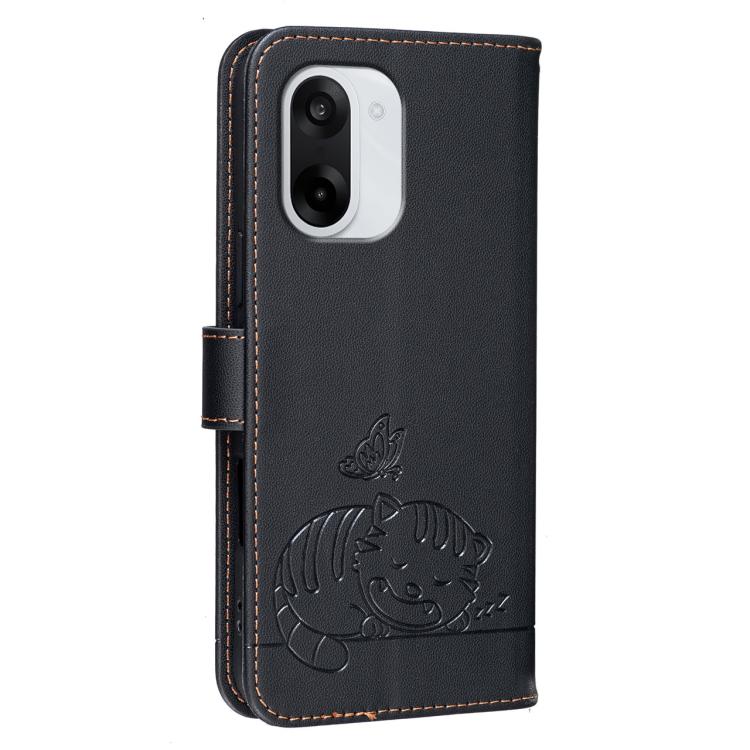 For OnePlus Nord CE5 5G Cat Butterfly Embossed RFID Vegan Leather Phone Case with Strap