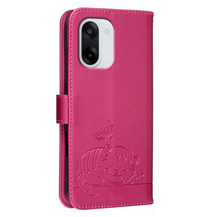 For OnePlus Nord CE5 5G Cat Butterfly Embossed RFID Vegan Leather Phone Case with Strap