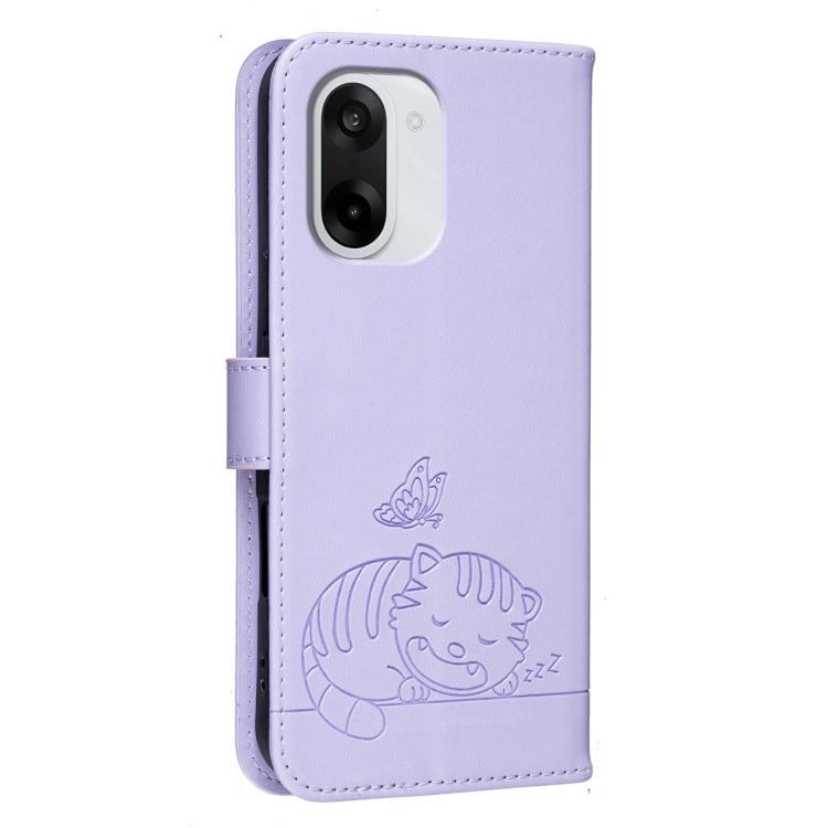 For OnePlus Nord CE5 5G Cat Butterfly Embossed RFID Vegan Leather Phone Case with Strap