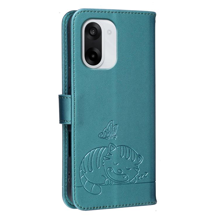 For OnePlus Nord CE5 5G Cat Butterfly Embossed RFID Vegan Leather Phone Case with Strap
