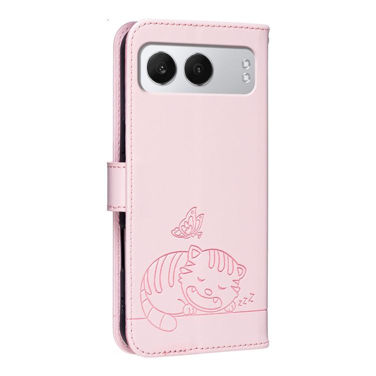 For OnePlus Nord 4 Cat Butterfly Embossed RFID Vegan Leather Phone Case with Strap