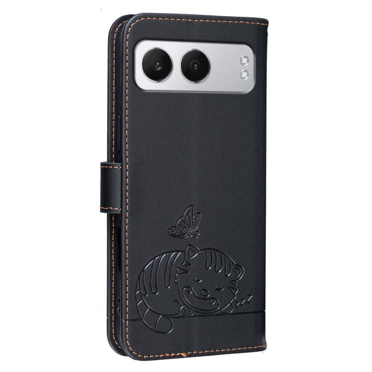 For OnePlus Nord 4 Cat Butterfly Embossed RFID Vegan Leather Phone Case with Strap