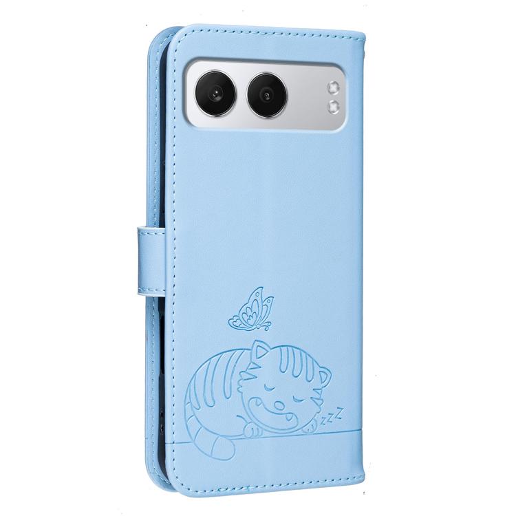 For OnePlus Nord 4 Cat Butterfly Embossed RFID Vegan Leather Phone Case with Strap