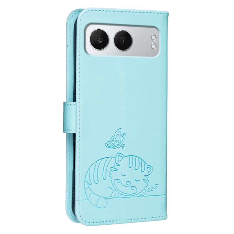 For OnePlus Nord 4 Cat Butterfly Embossed RFID Vegan Leather Phone Case with Strap