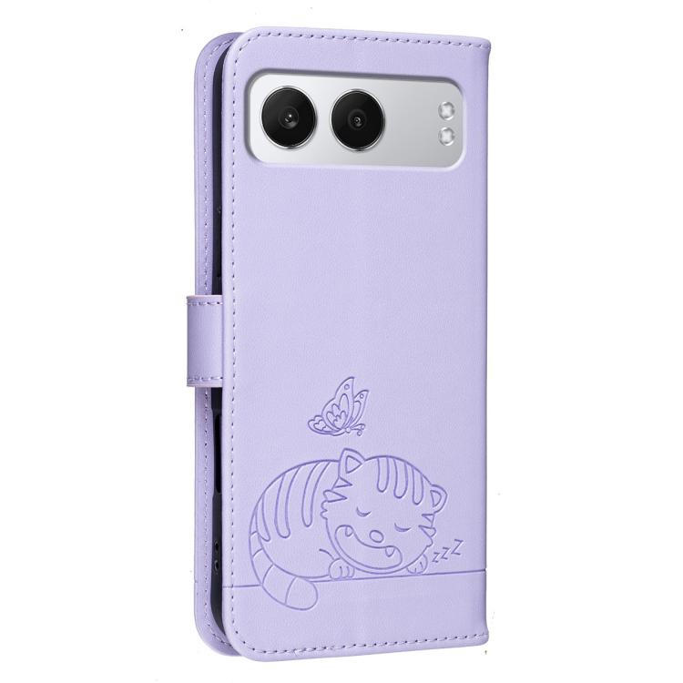 For OnePlus Nord 4 Cat Butterfly Embossed RFID Vegan Leather Phone Case with Strap