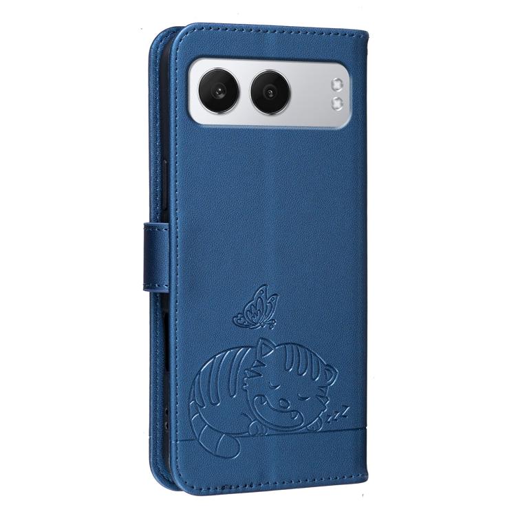 For OnePlus Nord 4 Cat Butterfly Embossed RFID Vegan Leather Phone Case with Strap