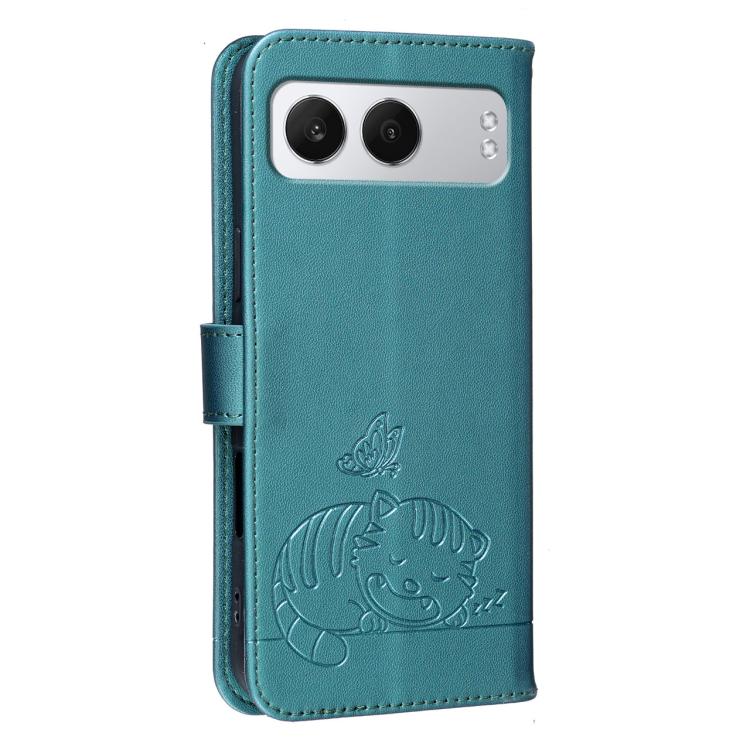 For OnePlus Nord 4 Cat Butterfly Embossed RFID Vegan Leather Phone Case with Strap