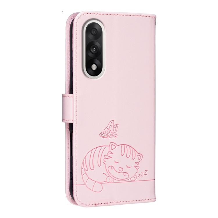 For OnePlus Nord 5 Cat Butterfly Embossed RFID Vegan Leather Phone Case with Strap