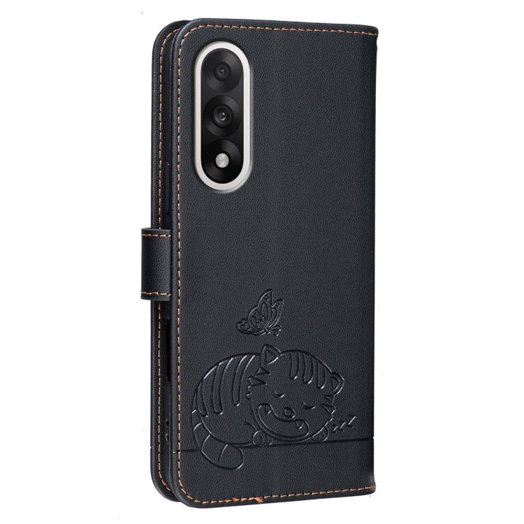 For OnePlus Nord 5 Cat Butterfly Embossed RFID Vegan Leather Phone Case with Strap