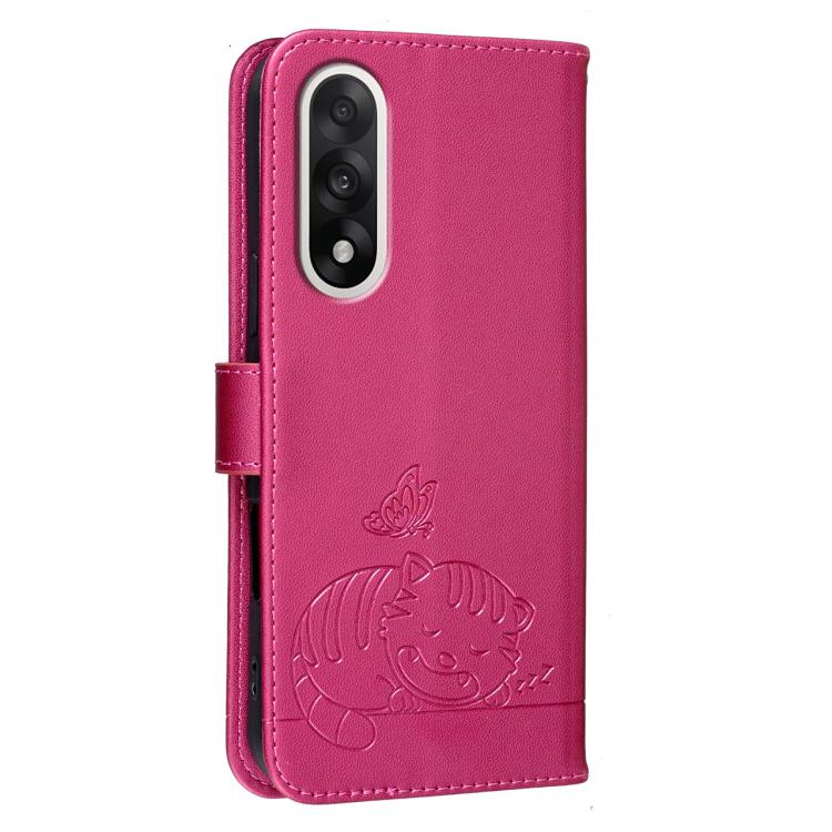 For OnePlus Nord 5 Cat Butterfly Embossed RFID Vegan Leather Phone Case with Strap