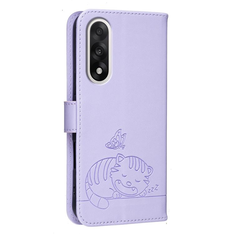 For OnePlus Nord 5 Cat Butterfly Embossed RFID Vegan Leather Phone Case with Strap