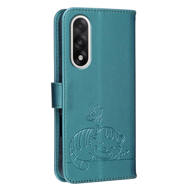 For OnePlus Nord 5 Cat Butterfly Embossed RFID Vegan Leather Phone Case with Strap
