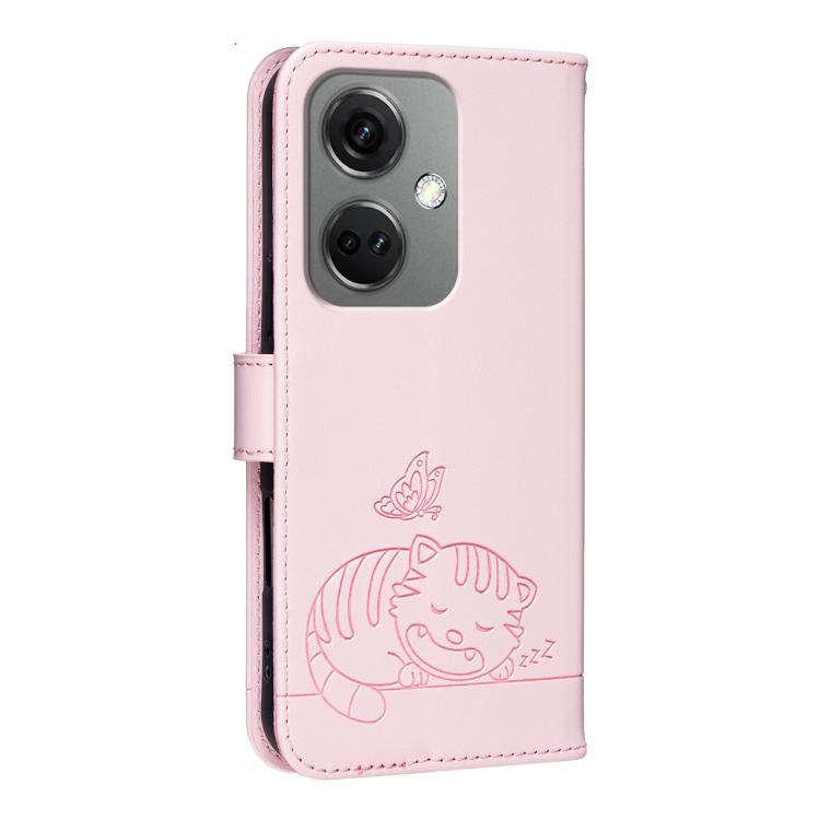 For OnePlus Nord CE3 Cat Butterfly Embossed RFID Vegan Leather Phone Case with Strap