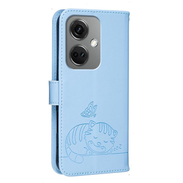 For OnePlus Nord CE3 Cat Butterfly Embossed RFID Vegan Leather Phone Case with Strap