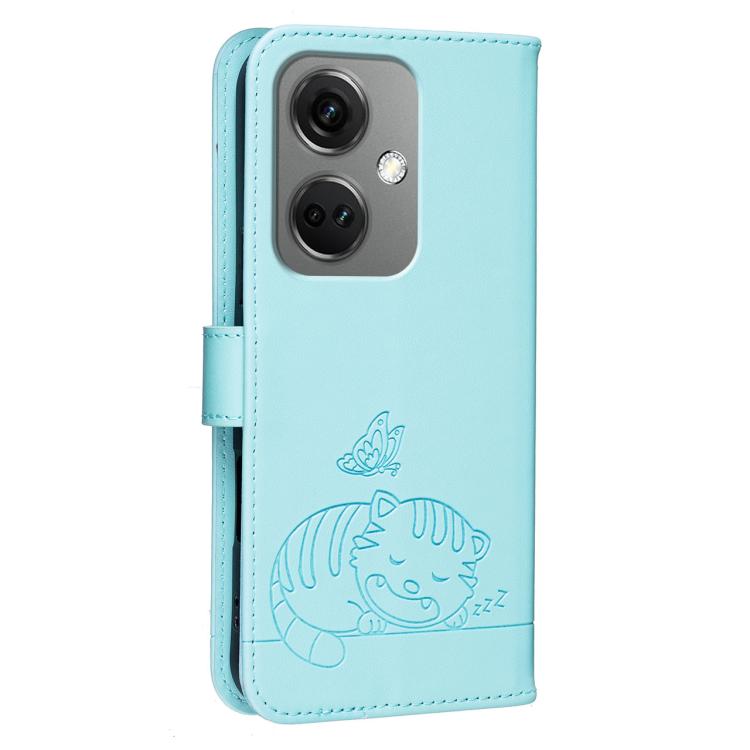 For OnePlus Nord CE3 Cat Butterfly Embossed RFID Vegan Leather Phone Case with Strap