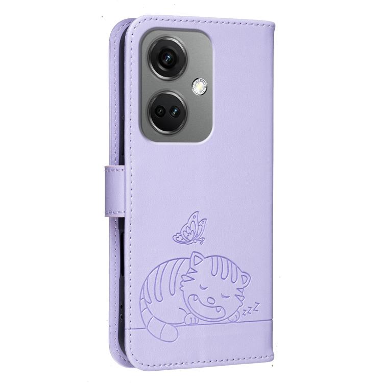 For OnePlus Nord CE3 Cat Butterfly Embossed RFID Vegan Leather Phone Case with Strap