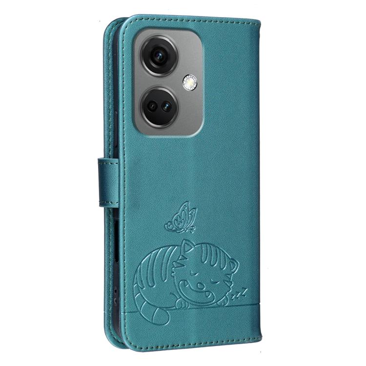 For OnePlus Nord CE3 Cat Butterfly Embossed RFID Vegan Leather Phone Case with Strap