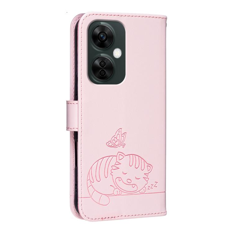 For OnePlus Nord CE3 Lite Cat Butterfly Embossed RFID Vegan Leather Phone Case with Strap
