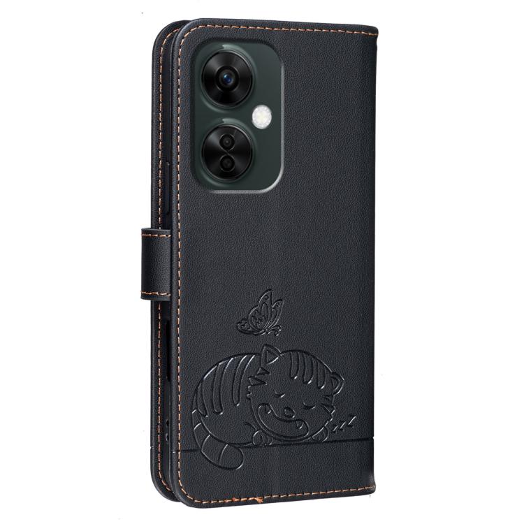 For OnePlus Nord CE3 Lite Cat Butterfly Embossed RFID Vegan Leather Phone Case with Strap