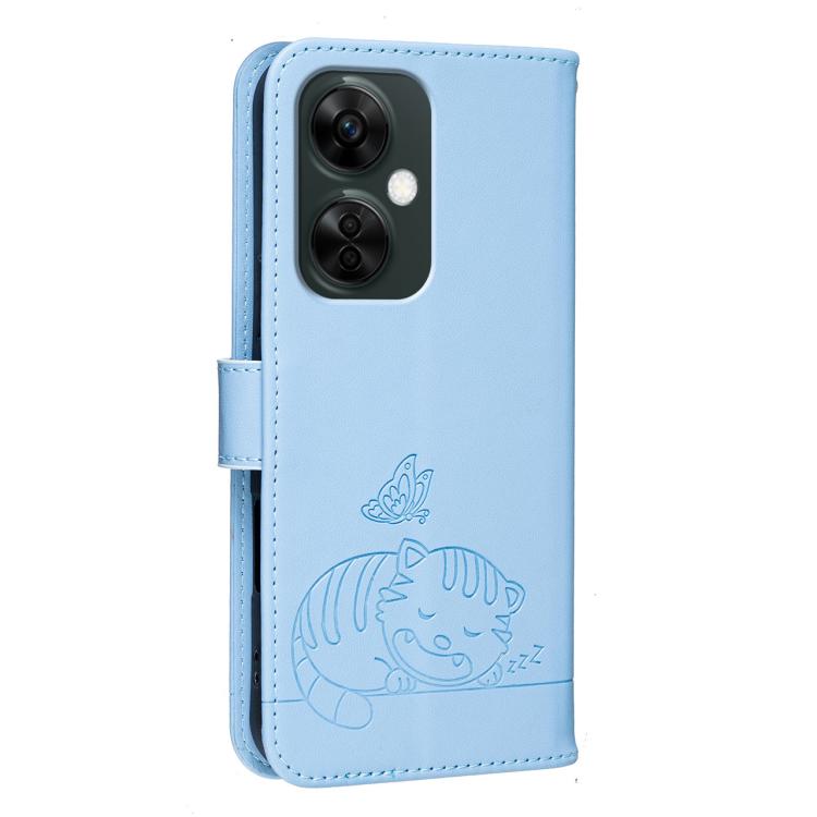 For OnePlus Nord CE3 Lite Cat Butterfly Embossed RFID Vegan Leather Phone Case with Strap