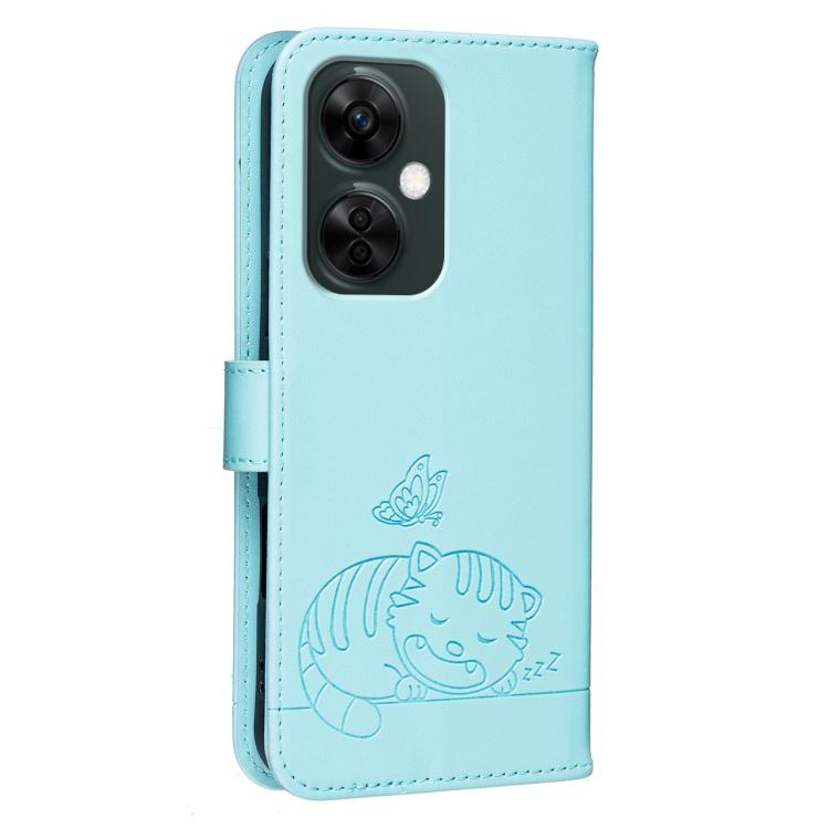 For OnePlus Nord CE3 Lite Cat Butterfly Embossed RFID Vegan Leather Phone Case with Strap