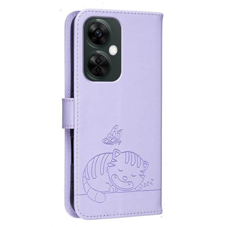 For OnePlus Nord CE3 Lite Cat Butterfly Embossed RFID Vegan Leather Phone Case with Strap