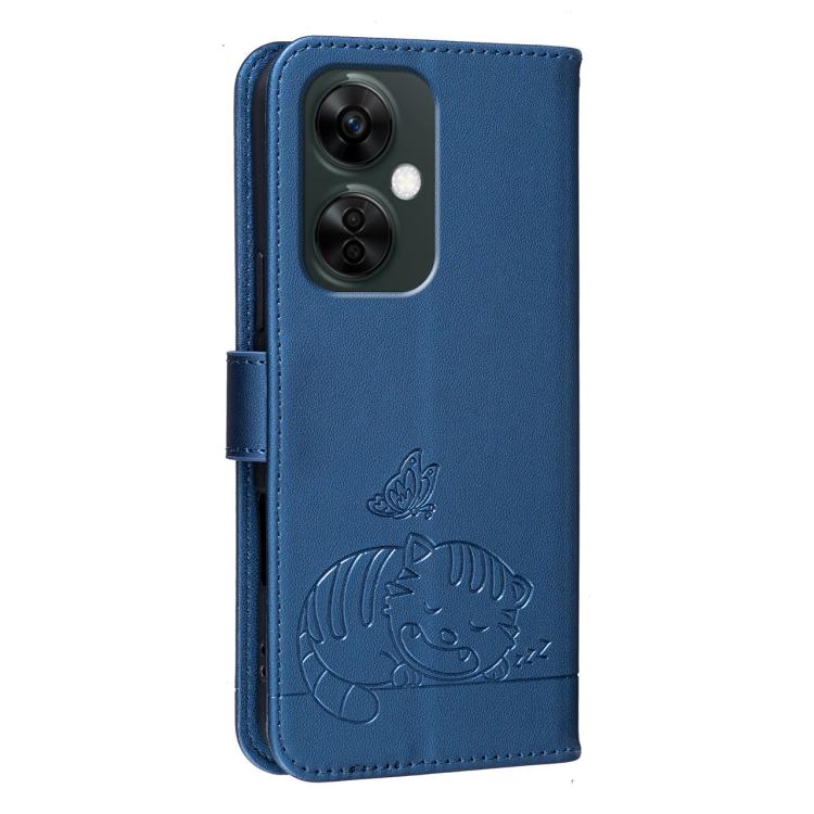 For OnePlus Nord CE3 Lite Cat Butterfly Embossed RFID Vegan Leather Phone Case with Strap
