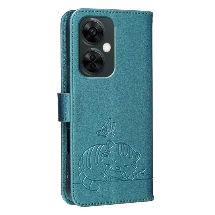 For OnePlus Nord CE3 Lite Cat Butterfly Embossed RFID Vegan Leather Phone Case with Strap