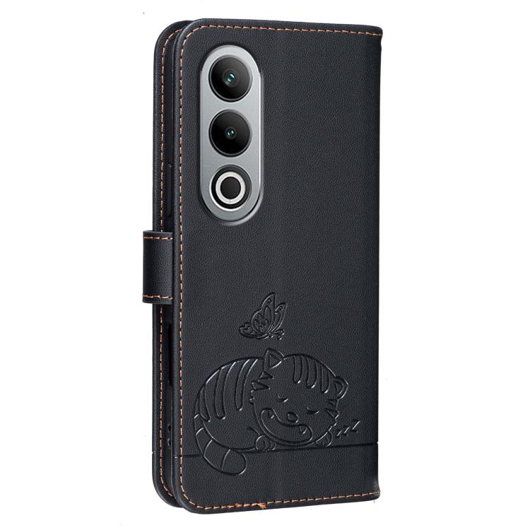 For OnePlus Nord CE4 Cat Butterfly Embossed RFID Vegan Leather Phone Case with Strap