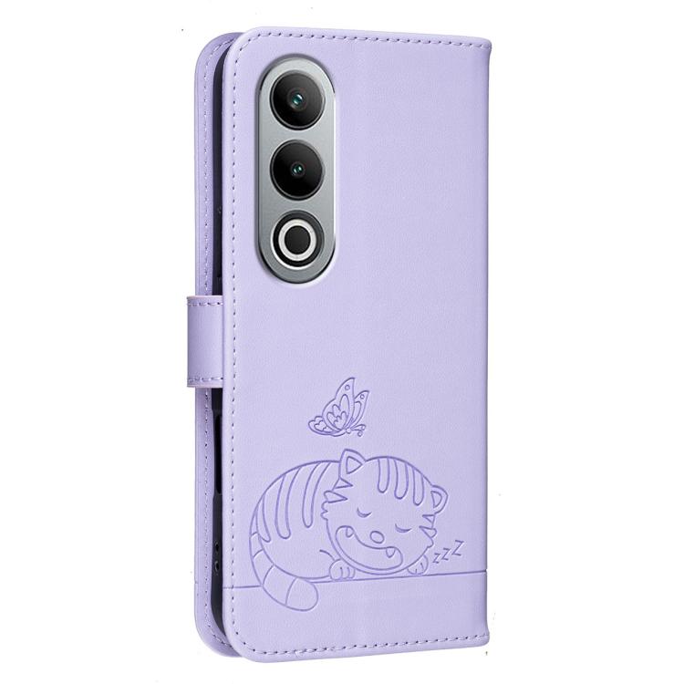 For OnePlus Nord CE4 Cat Butterfly Embossed RFID Vegan Leather Phone Case with Strap
