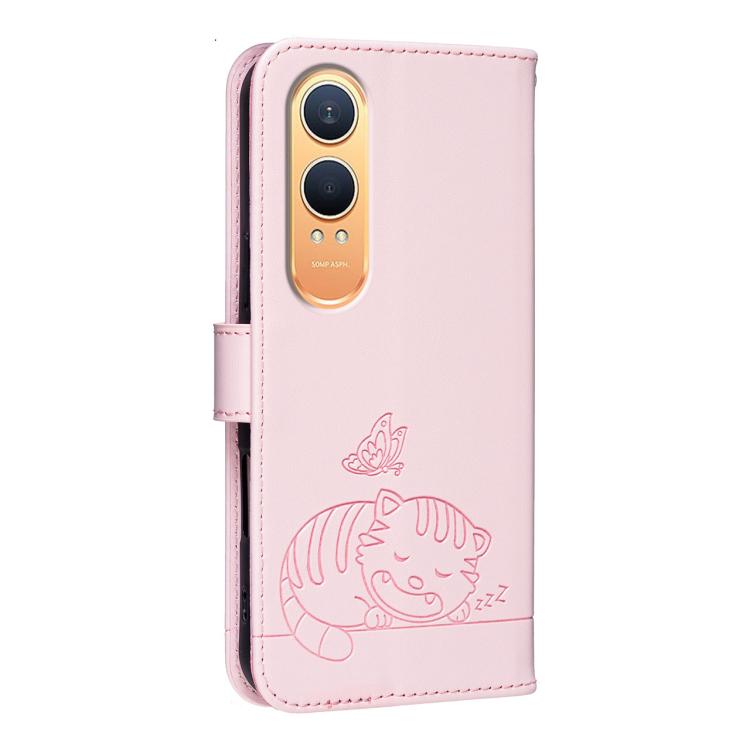 For OnePlus Nord CE4 Lite Cat Butterfly Embossed RFID Vegan Leather Phone Case with Strap