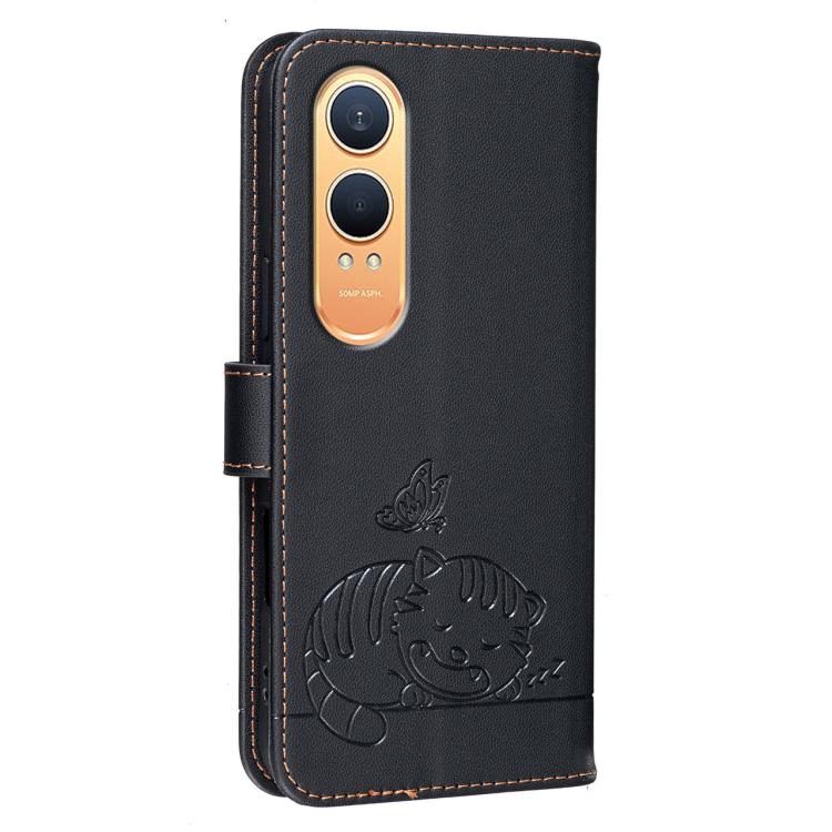 For OnePlus Nord CE4 Lite Cat Butterfly Embossed RFID Vegan Leather Phone Case with Strap