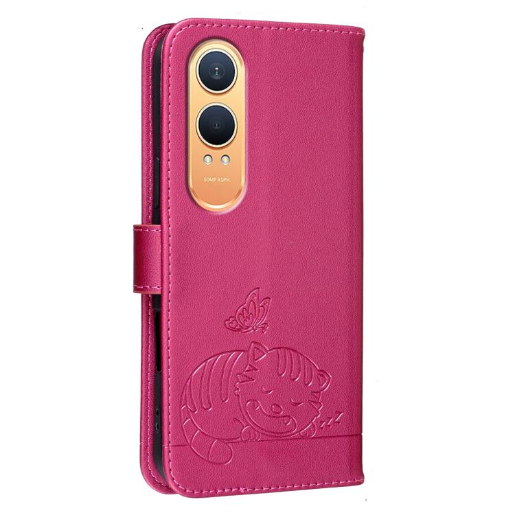 For OnePlus Nord CE4 Lite Cat Butterfly Embossed RFID Vegan Leather Phone Case with Strap