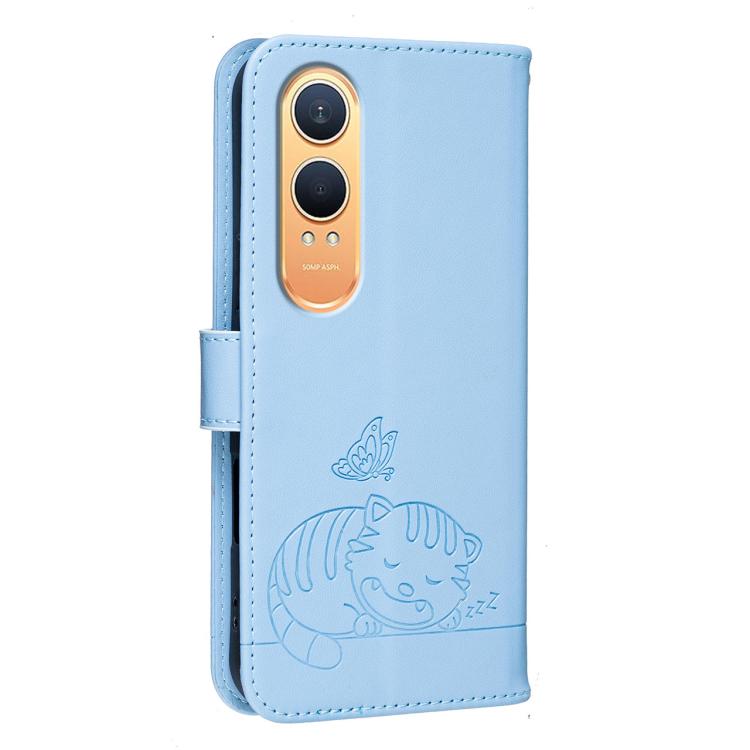 For OnePlus Nord CE4 Lite Cat Butterfly Embossed RFID Vegan Leather Phone Case with Strap