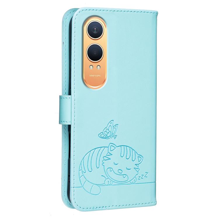 For OnePlus Nord CE4 Lite Cat Butterfly Embossed RFID Vegan Leather Phone Case with Strap