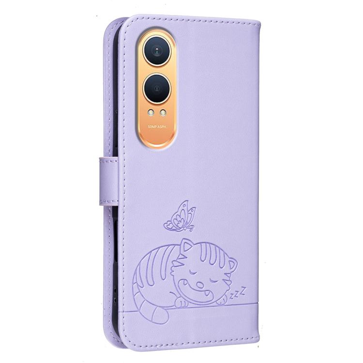 For OnePlus Nord CE4 Lite Cat Butterfly Embossed RFID Vegan Leather Phone Case with Strap