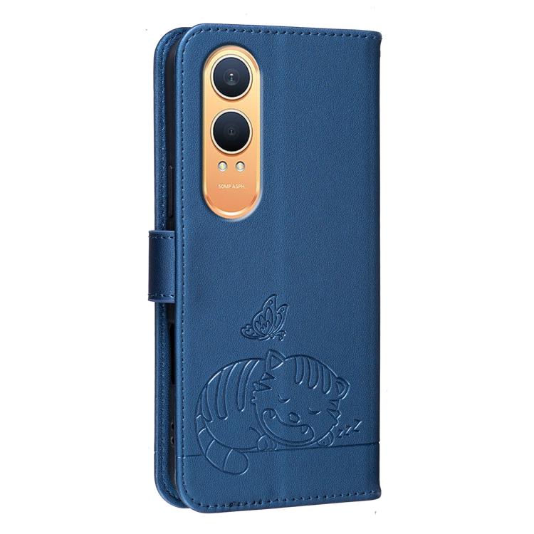 For OnePlus Nord CE4 Lite Cat Butterfly Embossed RFID Vegan Leather Phone Case with Strap