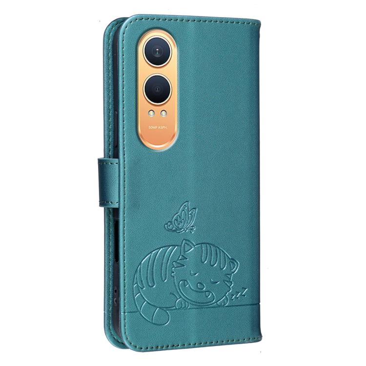 For OnePlus Nord CE4 Lite Cat Butterfly Embossed RFID Vegan Leather Phone Case with Strap
