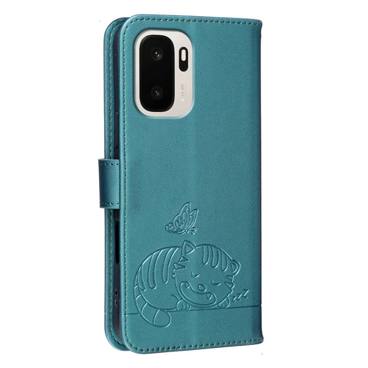 For OnePlus Ace 6 Ultra 5G Cat Butterfly Embossed RFID Vegan Leather Phone Case with Strap