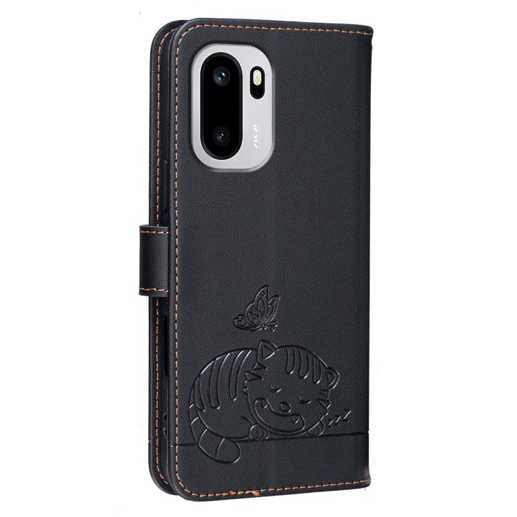 For OnePlus 15R Cat Butterfly Embossed RFID Vegan Leather Phone Case with Strap