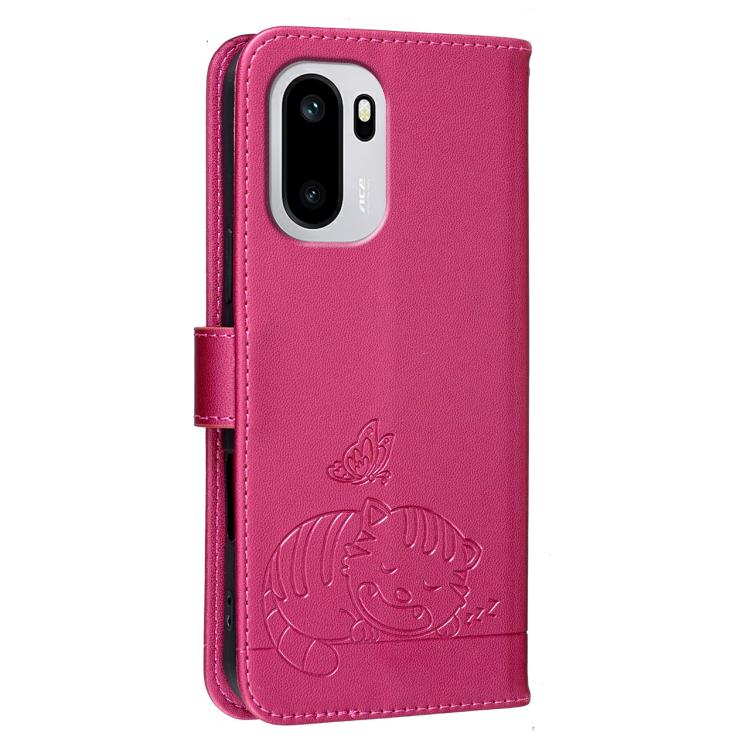 For OnePlus 15R Cat Butterfly Embossed RFID Vegan Leather Phone Case with Strap