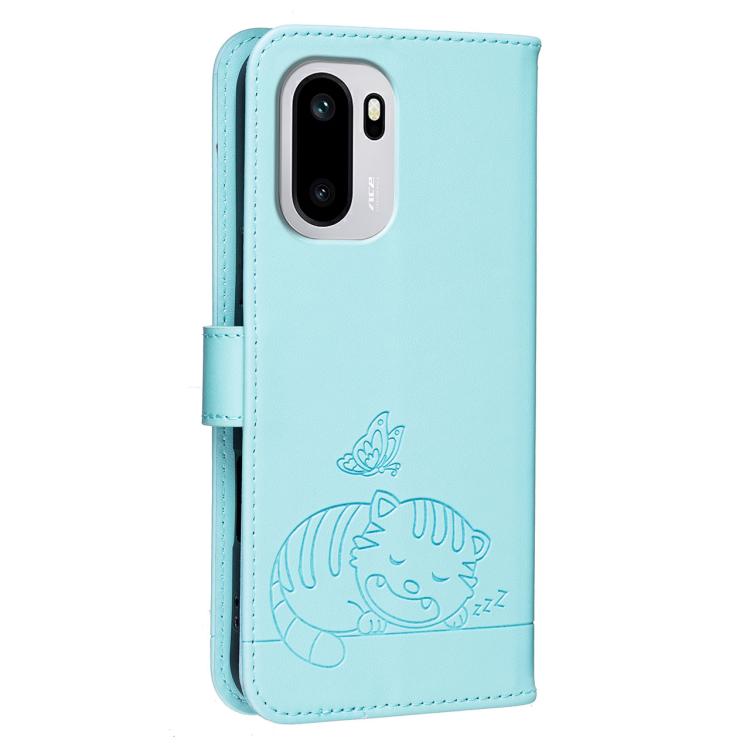 For OnePlus 15R Cat Butterfly Embossed RFID Vegan Leather Phone Case with Strap
