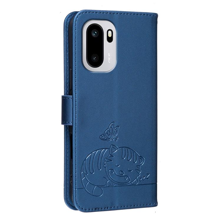 For OnePlus 15R Cat Butterfly Embossed RFID Vegan Leather Phone Case with Strap