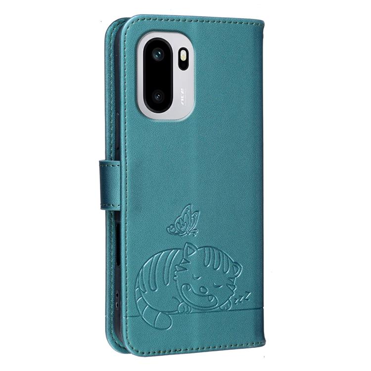 For OnePlus 15R Cat Butterfly Embossed RFID Vegan Leather Phone Case with Strap