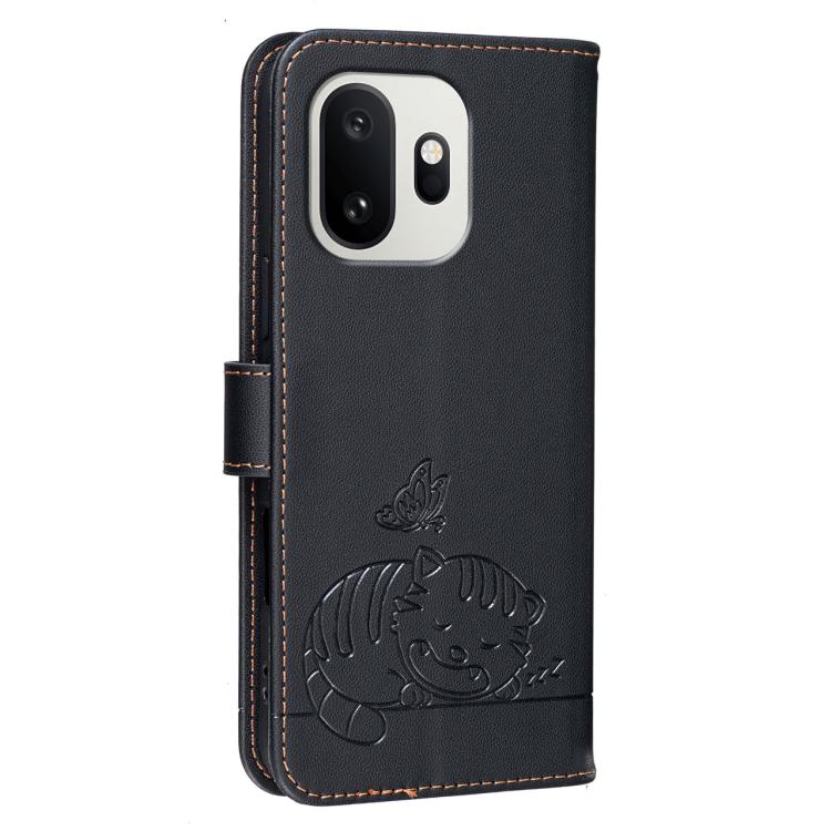 For OnePlus 15T Cat Butterfly Embossed RFID Vegan Leather Phone Case with Strap