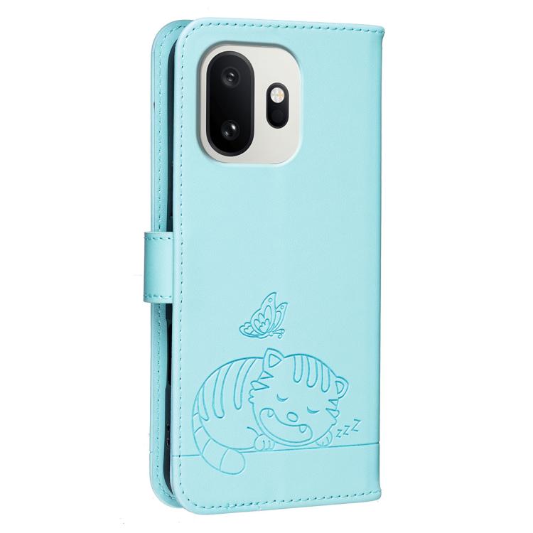 For OnePlus 15T Cat Butterfly Embossed RFID Vegan Leather Phone Case with Strap