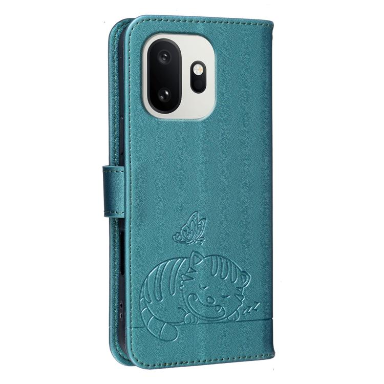 For OnePlus 15T Cat Butterfly Embossed RFID Vegan Leather Phone Case with Strap
